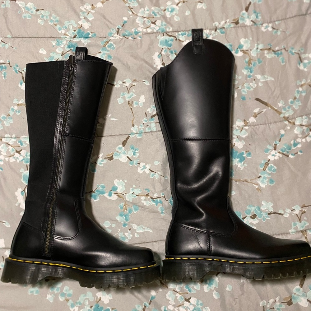 Dr. Martens Black Tall Combat Boots with Yellow Stitching